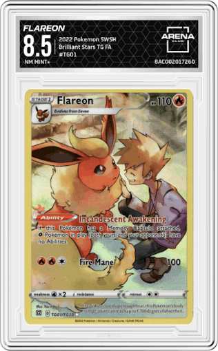 Flareon from the 2022 Pokemon SWSH set graded by Arena Club and given an overall grade of 8.5.