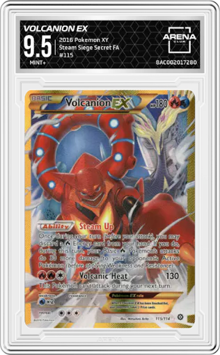 Volcanion EX from the 2016 Pokemon XY set graded by Arena Club and given an overall grade of 9.5.