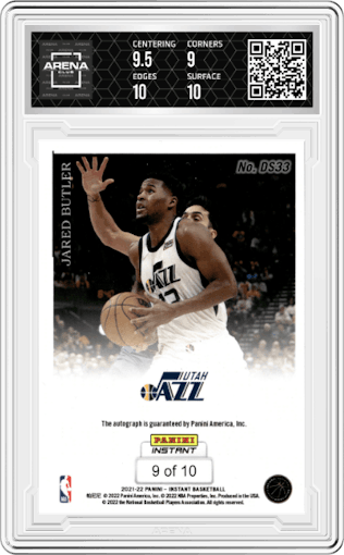 Jared Butler from the 2021-22 Panini Instant NBA set featuring a Green parallel graded by Arena Club and given an overall grade of 9.5.