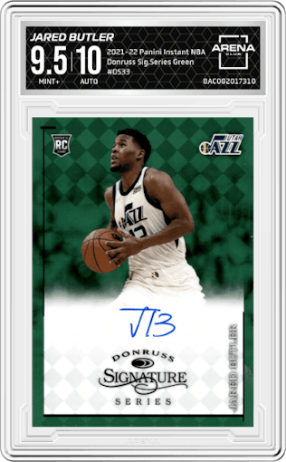 Jared Butler from the 2021-22 Panini Instant NBA set featuring a Green parallel graded by Arena Club and given an overall grade of 9.5.
