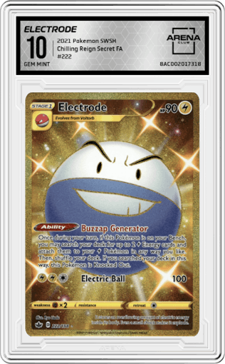 Electrode from the 2021 Pokemon SWSH set graded by Arena Club and given an overall grade of 10.