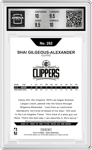 Shai Gilgeous-Alexander from the 2018-19 Panini NBA Hoops  set graded by Arena Club and given an overall grade of 10.