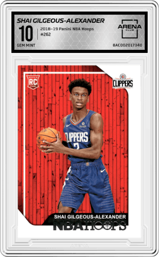 Shai Gilgeous-Alexander from the 2018-19 Panini NBA Hoops  set graded by Arena Club and given an overall grade of 10.