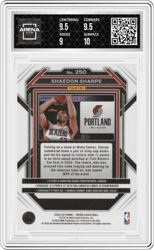 Shaedon Sharpe from the 2022-23 Panini Prizm  set graded by Arena Club and given an overall grade of 9.5.