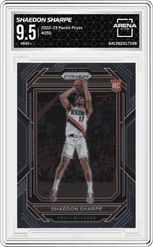 Shaedon Sharpe from the 2022-23 Panini Prizm  set graded by Arena Club and given an overall grade of 9.5.