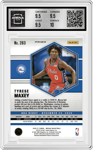 Tyrese Maxey from the 2020-21 Panini Mosaic set featuring a Reactive Yellow parallel graded by Arena Club and given an overall grade of 10.