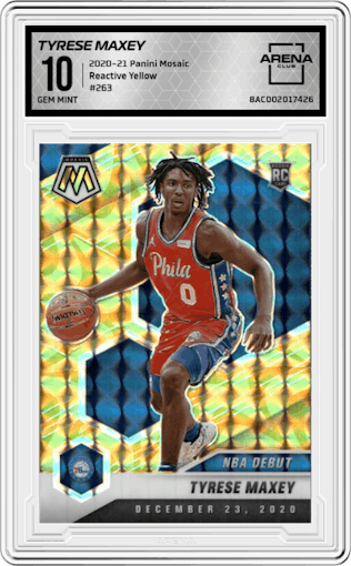 Tyrese Maxey from the 2020-21 Panini Mosaic set featuring a Reactive Yellow parallel graded by Arena Club and given an overall grade of 10.