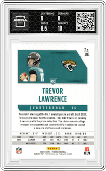 Trevor Lawrence from the 2021 Panini Phoenix set featuring a Fire Burst parallel graded by Arena Club and given an overall grade of 8.5.