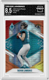 Trevor Lawrence from the 2021 Panini Phoenix set featuring a Fire Burst parallel graded by Arena Club and given an overall grade of 8.5.