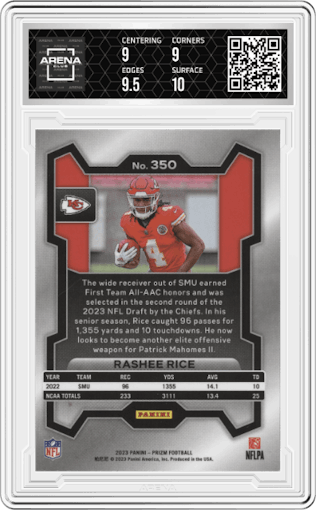 Rashee Rice from the 2023 Panini Prizm set graded by Arena Club and given an overall grade of 9.5.
