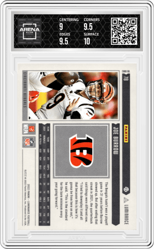 Joe Burrow from the 2022 Panini Luminance set featuring a Gold parallel graded by Arena Club and given an overall grade of 9.5.