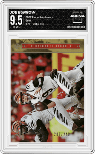 Joe Burrow from the 2022 Panini Luminance set featuring a Gold parallel graded by Arena Club and given an overall grade of 9.5.