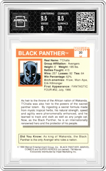 Black Panther from the 1990 Impel Marvel Universe  set graded by Arena Club and given an overall grade of 9.