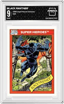Black Panther from the 1990 Impel Marvel Universe  set graded by Arena Club and given an overall grade of 9.