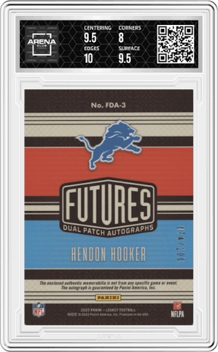 Hendon Hooker from the 2023 Panini Legacy set featuring a Ruby parallel graded by Arena Club and given an overall grade of 8.5.