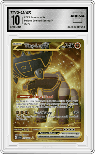 Ting-Lu ex from the 2023 Pokemon SV set graded by Arena Club and given an overall grade of 10.