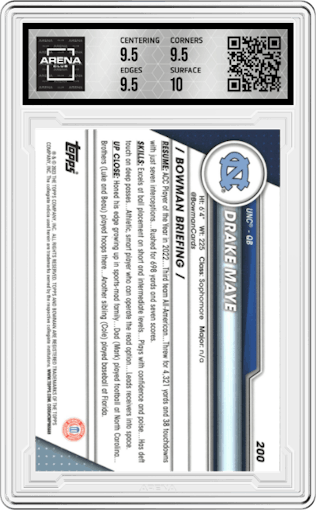 Drake Maye from the 2023 Bowman Chrome University set graded by Arena Club and given an overall grade of 10.
