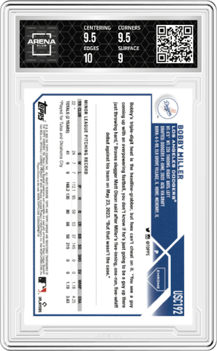 Bobby Miller from the 2023 Topps Chrome Update set graded by Arena Club and given an overall grade of 9.5.