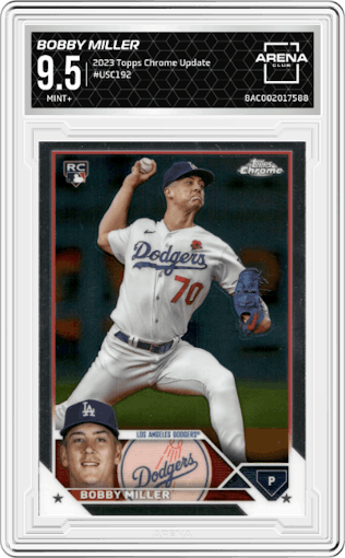 Bobby Miller from the 2023 Topps Chrome Update set graded by Arena Club and given an overall grade of 9.5.