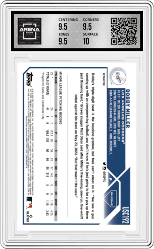 Bobby Miller from the 2023 Topps Chrome Update set featuring a Refractor parallel graded by Arena Club and given an overall grade of 10.