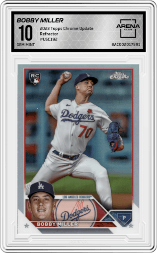 Bobby Miller from the 2023 Topps Chrome Update set featuring a Refractor parallel graded by Arena Club and given an overall grade of 10.
