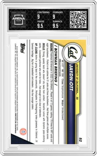 Jaydn Ott from the 2023 Bowman Chrome University set graded by Arena Club and given an overall grade of 9.5.