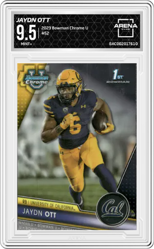 Jaydn Ott from the 2023 Bowman Chrome University set graded by Arena Club and given an overall grade of 9.5.