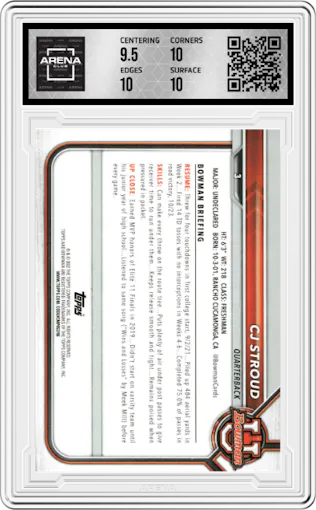 CJ Stroud from the 2021-22 Bowman University set graded by Arena Club and given an overall grade of 10.