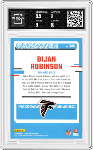 Bijan Robinson from the 2023 Panini Donruss set graded by Arena Club and given an overall grade of 9.5.
