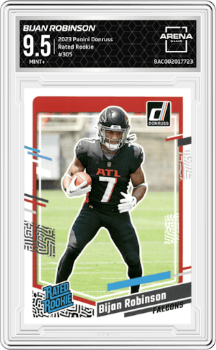 Bijan Robinson from the 2023 Panini Donruss set graded by Arena Club and given an overall grade of 9.5.