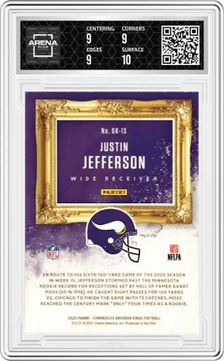 Justin Jefferson from the 2020 Panini Chronicles set graded by Arena Club and given an overall grade of 9.5.