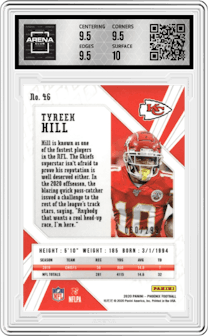 Tyreek Hill from the 2020 Panini Phoenix set featuring a Red parallel graded by Arena Club and given an overall grade of 10.