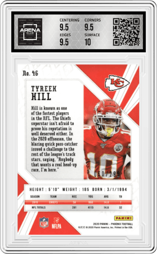 Tyreek Hill from the 2020 Panini Phoenix set featuring a Red parallel graded by Arena Club and given an overall grade of 10.