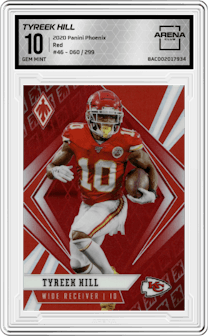 Tyreek Hill from the 2020 Panini Phoenix set featuring a Red parallel graded by Arena Club and given an overall grade of 10.