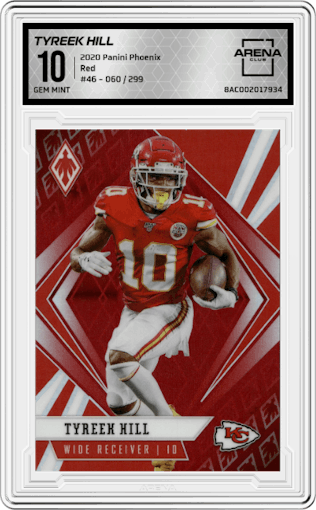 Tyreek Hill from the 2020 Panini Phoenix set featuring a Red parallel graded by Arena Club and given an overall grade of 10.