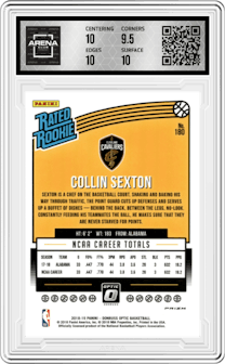 Collin Sexton from the 2018-19 Panini Donruss Optic set featuring a Shock parallel graded by Arena Club and given an overall grade of 10.