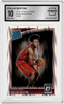 Collin Sexton from the 2018-19 Panini Donruss Optic set featuring a Shock parallel graded by Arena Club and given an overall grade of 10.
