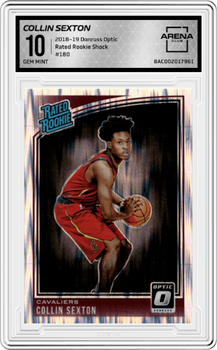 Collin Sexton from the 2018-19 Panini Donruss Optic set featuring a Shock parallel graded by Arena Club and given an overall grade of 10.