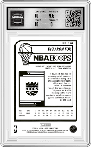 De'Aaron Fox  from the 2023-24 Panini NBA Hoops set featuring a Blue Explosion  parallel graded by Arena Club and given an overall grade of 10.