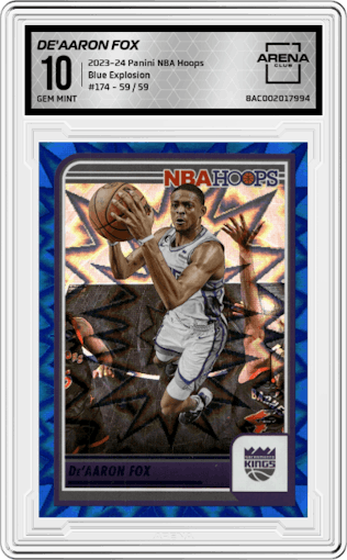De'Aaron Fox  from the 2023-24 Panini NBA Hoops set featuring a Blue Explosion  parallel graded by Arena Club and given an overall grade of 10.