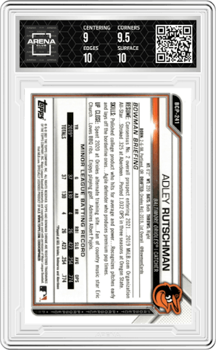 Adley Rutschman from the 2021 Bowman Chrome Mega Box set graded by Arena Club and given an overall grade of 9.5.