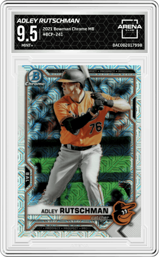 Adley Rutschman from the 2021 Bowman Chrome Mega Box set graded by Arena Club and given an overall grade of 9.5.