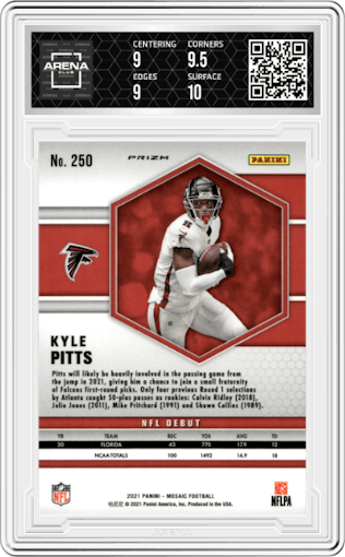 Kyle Pitts from the 2021 Panini Mosaic set featuring a Reactive Yellow parallel graded by Arena Club and given an overall grade of 9.5.