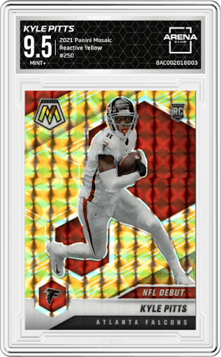 Kyle Pitts from the 2021 Panini Mosaic set featuring a Reactive Yellow parallel graded by Arena Club and given an overall grade of 9.5.