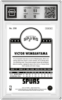 Victor Wembanyama from the 2023-24 Panini NBA Hoops set graded by Arena Club and given an overall grade of 10.