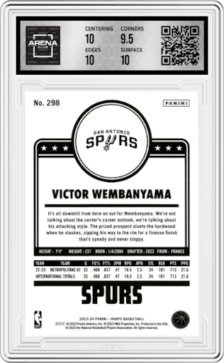 Victor Wembanyama from the 2023-24 Panini NBA Hoops set graded by Arena Club and given an overall grade of 10.