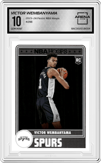 Victor Wembanyama from the 2023-24 Panini NBA Hoops set graded by Arena Club and given an overall grade of 10.