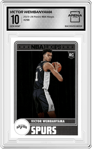 Victor Wembanyama from the 2023-24 Panini NBA Hoops set graded by Arena Club and given an overall grade of 10.