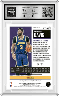 Anthony Davis from the 2020-21 Panini Contenders Optic set featuring a Red parallel graded by Arena Club and given an overall grade of 10.