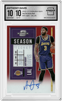 Anthony Davis from the 2020-21 Panini Contenders Optic set featuring a Red parallel graded by Arena Club and given an overall grade of 10.